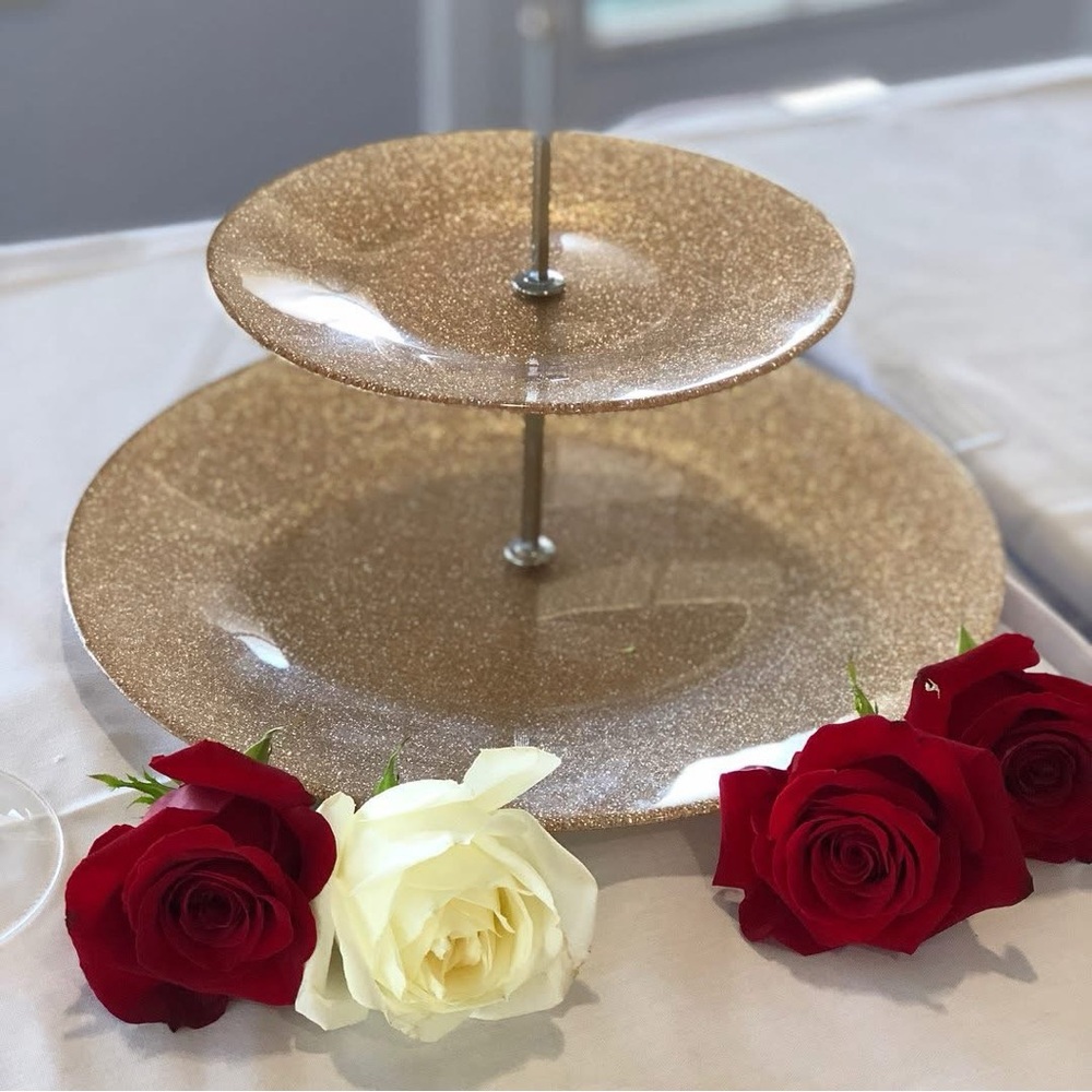 two-tiered dessert stand server Rose gold glass silver metal handle